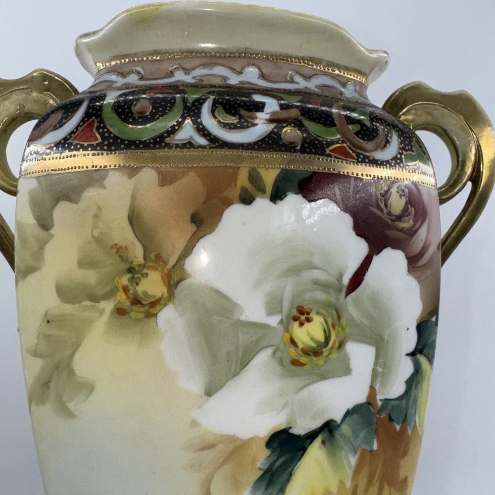 Vase Antique Nippon‎ Hand-Painted Porcelain w/Double Handle Floral Gold Gilt